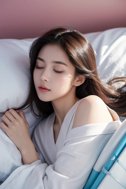 (masterpiece, top quality, best quality, beautiful and aesthetic:1.2), (1female), extreme detailed, Lying on the hospital bed under the quilt,Only the head is showing outside,wearing hospital gown,an oxygen tube in the nostril,God's eye view,eyes closed, highest detailed, elegant, graceful, stunning