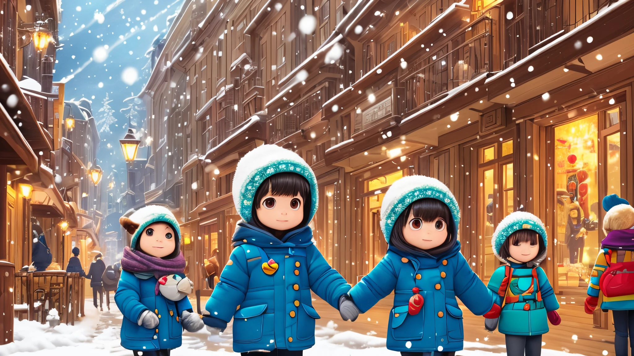 Kindergarten entrance, children wearing cartoon patterned winter clothes, held in their mother's arms, looking at the snowflakes with a curious face (Modern Southwest China big city cold winter life theme). Pixar 3D animation,  pen cartoon, clean picture, exquisite picture, rich details, bright colors, Disney film sense, ray tracing , Octane Render, Cinema 4D, HDR, 4K, --auto --s2
