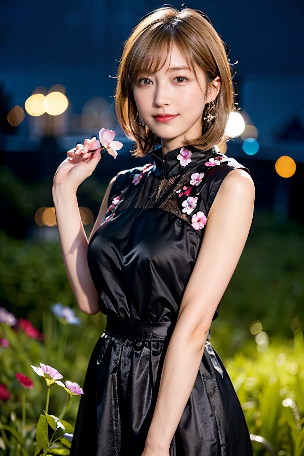 masutepiece, Best Quality,, 1girl in, (Colorful),(finely detailed beautiful eyes and detailed face),Cinematic lighting,bustshot,the Extremely Detailed CG Unity 8K Wallpapers,swim wears、White hair,Solo,Smile,intricate skirt,((flying petal)),(Flowery meadow), skyporn, cloudy_skyporn, building, Moonlight, Moon, Night, (Dark theme:1.3), light, Fantasy,