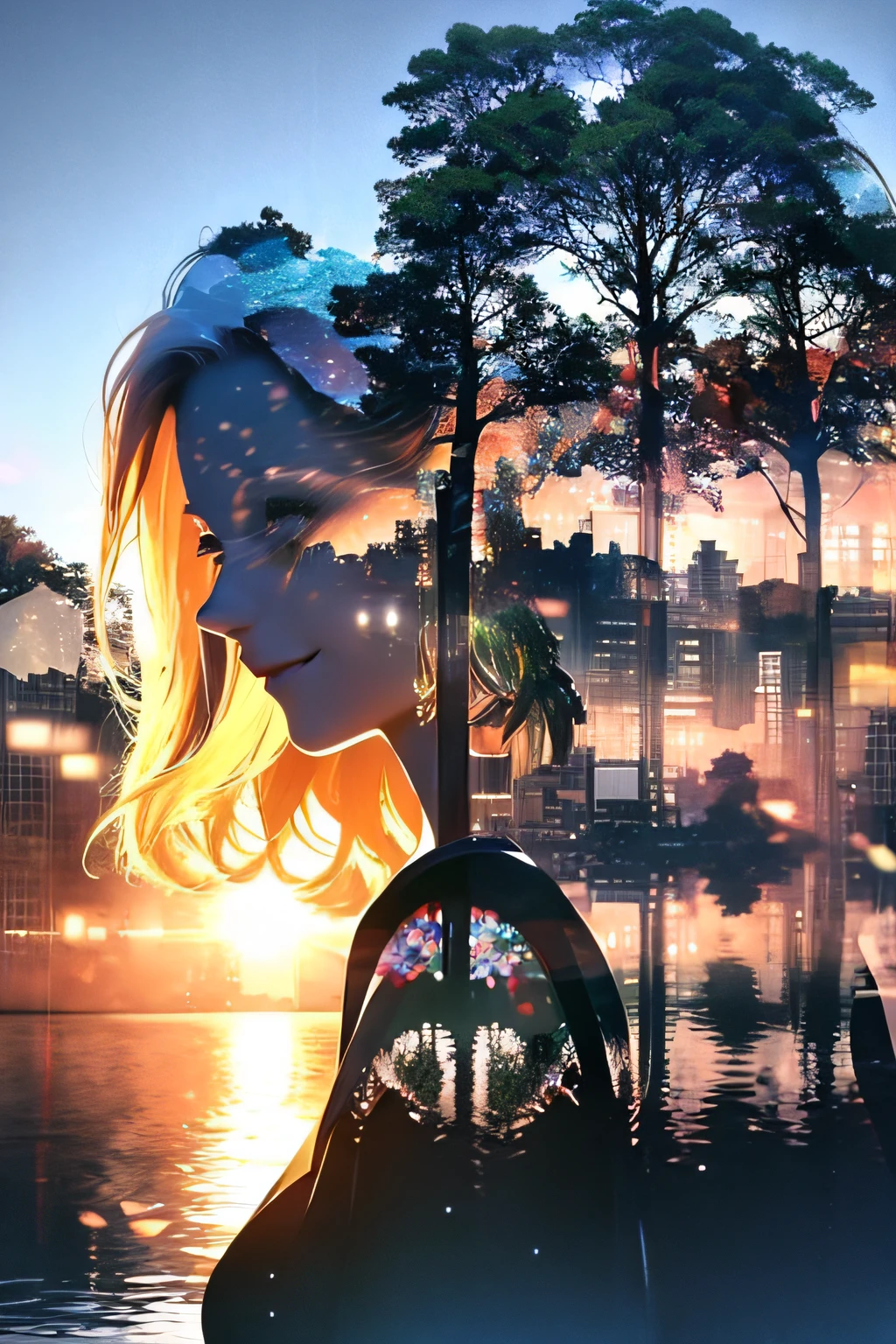 photoRealstic、((Super multiple exposure effect where the background can be seen through the clothes))、girl with、A smile、Lakeside in the background、Wonderful、towards the night view, If you leave the shutter open for a long time、create a line of light.