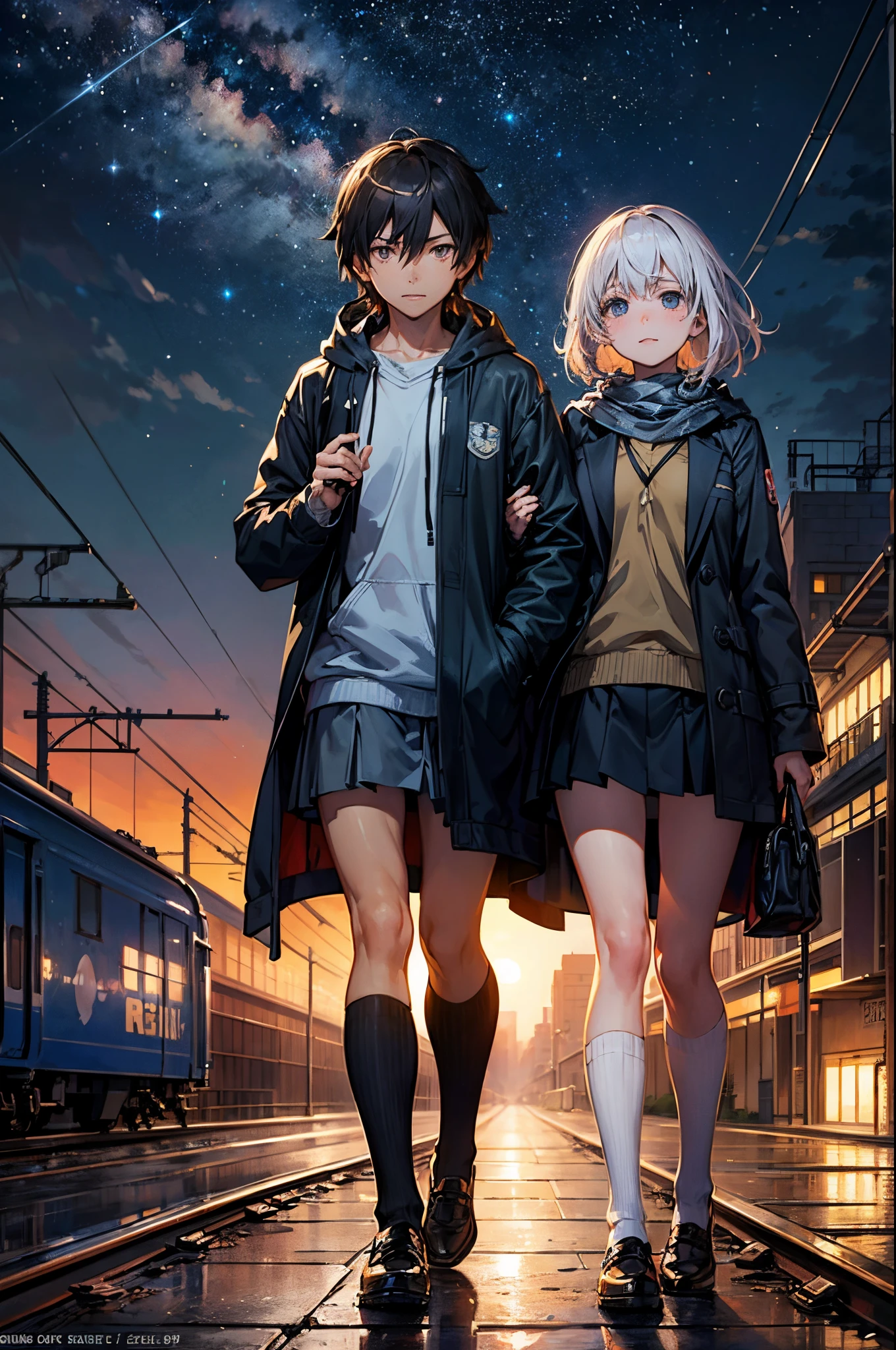 high high quality， tmasterpiece ，1 girl,ssmile,(Wearing mini skirt:1.2),cabelos preto e longo hooded long coat with trim，scenecy，Train passes through body of water on railroad tracks， Sparkling starry sky。Romantic train，pixiv，concept-art，Lopfe art style， lofi art, beautiful anime scenes, Anime landscapes, Detailed view – width 672, Makoto Shinkai's style, Makoto Shinkai's style，Detail Enhancement。