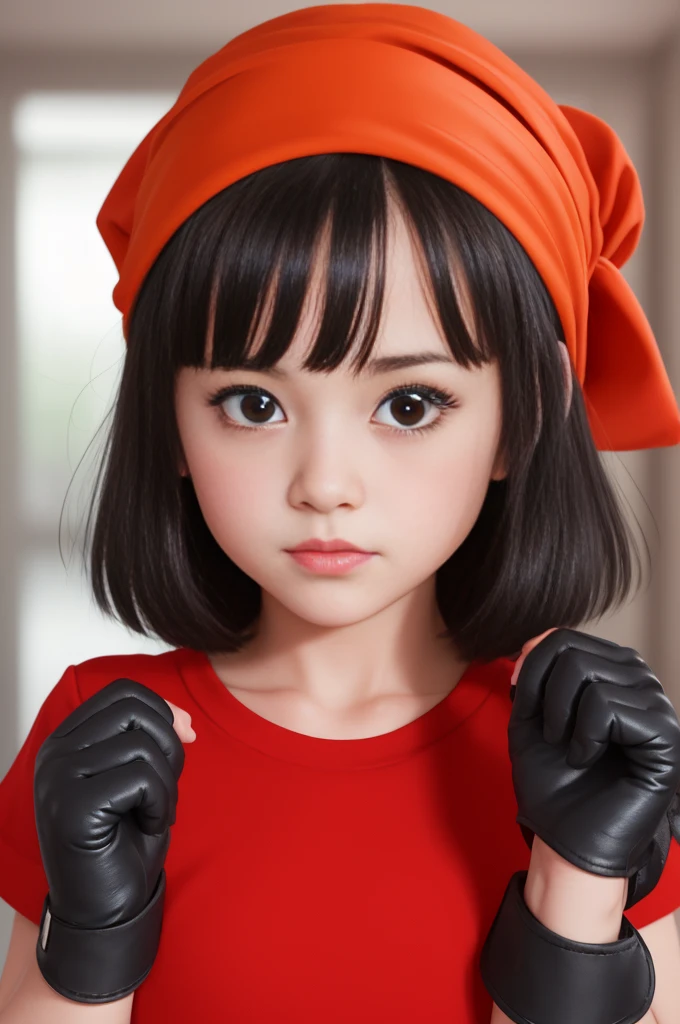 best quality, (masterpiece),(ultra-detailed), (high quality), (high resolution), 1girl, black hair, black eyes,  brapan,  gloves,  short hair, red shirt, solo,bandana,