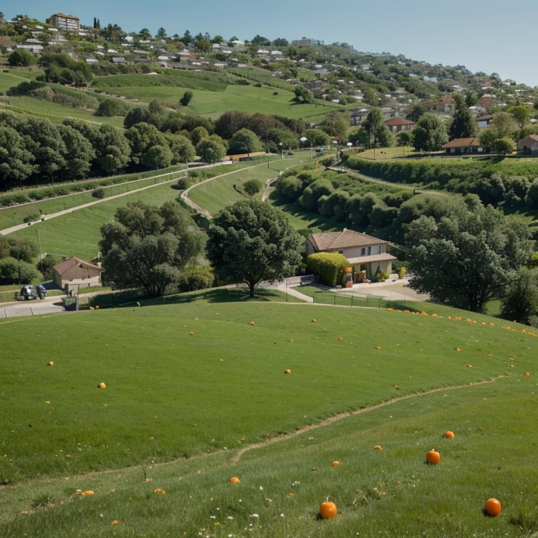 Steep green place with a city with only houses in the background and green trees with tangerines to pick
