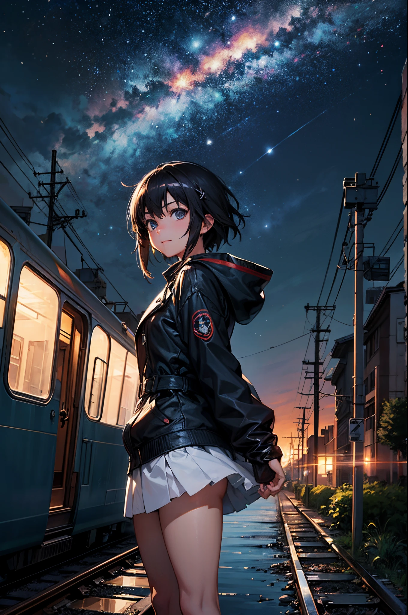 high high quality, tmasterpiece ,1 girl,ssmile,(Wearing mini skirt:1.2),cabelos preto e longo hooded long coat with trim,scenecy,Train passes through body of water on railroad tracks, Sparkling starry sky。Romantic train,pixiv,concept-art,Lopfe art style, lofi art, beautiful anime scenes, Anime landscapes, Detailed view – width 672, Makoto Shinkai's style, Makoto Shinkai's style,Detail Enhancement。