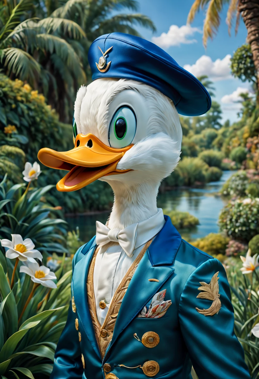 (best quality,4k,8k,highres,masterpiece:1.2),ultra-detailed,(realistic,photorealistic,photo-realistic:1.37),embroidery,Donald Duck,silk fabric,vibrant colors,intricate details,eye-catching,finest silk threads,expressive eyes,signature beak,playful smile,lifelike,portrayal,smooth and glossy texture,vivid and vibrant,blue sailor suit,lush green garden,bright blue sky,soft and natural lighting,three-dimensional effect,skillfully highlighted,textures of silk fabric,charm of Donald Duck,unique and captivating artwork.