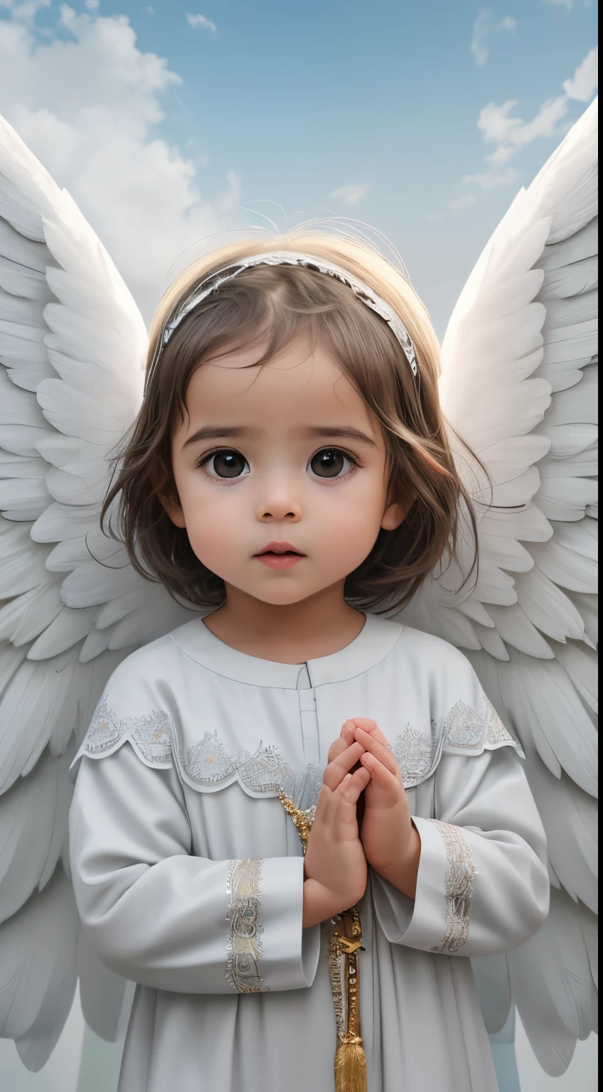 Create a scene of a 1 month old baby, com cabelos brancos ondulados, Cabelo branco, realistic and with angelic wings for prayer videos. The child must be standing, with a calm expression, dressed in angel clothes and looking directly at the camera with open eyes. As asas do anjo devem ser delicadas e brancas, fixed on the child. Baby in a paradisiacal environment, com uma suave luz dourada ao seu redor, evocando uma atmosfera de paz e espiritualidade. This image will be used as a visual representation in prayer videos, creating a sense of serenity, Hope and divine protection. Concentre-se em capturar detalhes realistas, Por favor, Look up at the camera. foco frontal, staring directly at camera. 8k, Ultra realista