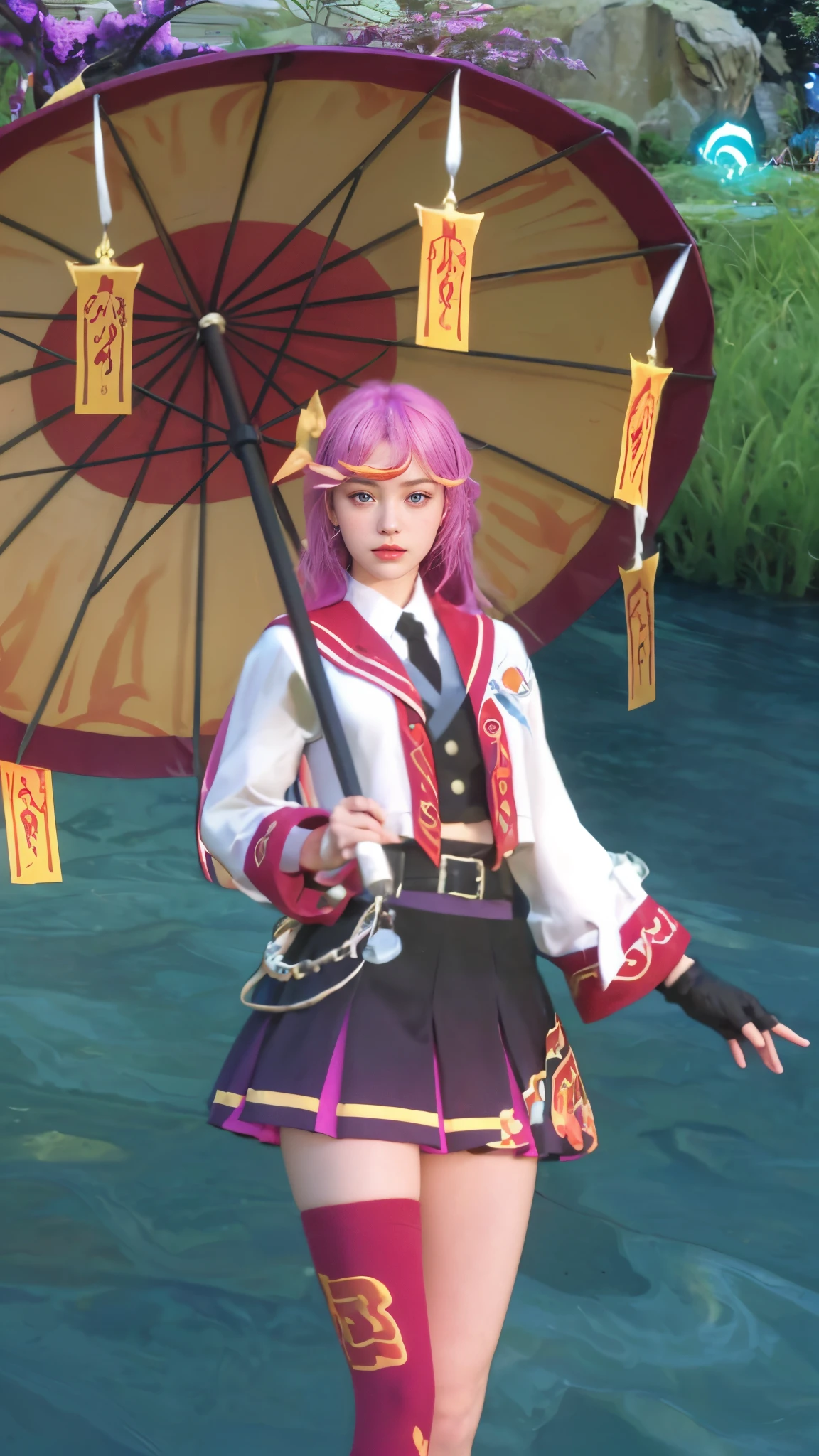 8K, Best Quality, Masterpiece, Ultra Resolution, (Realistic: 1.4), Original Photo, (Realistic Skin Texture: 1.3), (Film Grain: 1.3), (Selfie Angle), Portrait 1 Girl, Pin Up Hair, Blue Hair, Beautiful Eyes And Face Detail, Masterpiece, Best Quality, (((Close Up))), Red Eyes, Sci-Fi