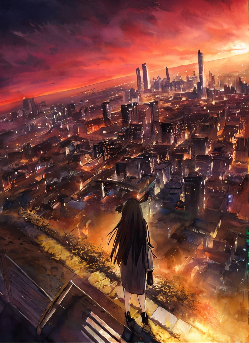 Anime girl standing on a ledge overlooking the city at night, hd anime cityscape, by Yuumei, looming over a city, Tokyo Anime Scene, Distant City of Fire, Explosively, by Cyril Rolando, ultra hd anime wallpaper,  amazing wallpapers, beautiful anime scene, overlooking a modern city