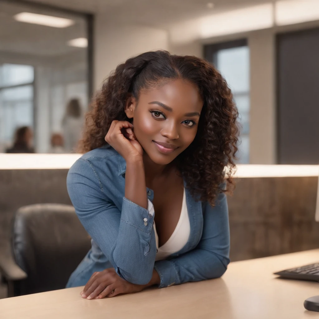 ((Dark African skin, Very deep ebony skin)), ((Its beauty  undeniable)), ((Excited cute face)), ((Hyper detailed perfect eyes,)), ((pose mignonne)), ((Langue sortie)), ((Seductive )), sexy, ((beige warm turtleneck, jeans, office, sitting behind desk)), ((Afro ponytail with long African curly hair,)), (( peau)), ((debout, vue de face)), ((toucher ses propres jambes dans une pose sexy)), ((The Hague, office, work, sitting behind desk , Ville publique, people in the background)), ((doing groceries)), Sharp Focus CGI, photoreallistic, High detail, Realstic, Masterpiece, absurdes, Best quality, Hdr, High quality, high-definition, Extremely detailed, 8k wallpaper, Intricate details, 8K UHD, Full-HD, (photo realist:1.2), contraste, intense illumination, lighting cinematic, natural lighting, veilleuse, Nuit, Illumination globale, Laughing out loud, a la piscine African women、Female sexy, the hague