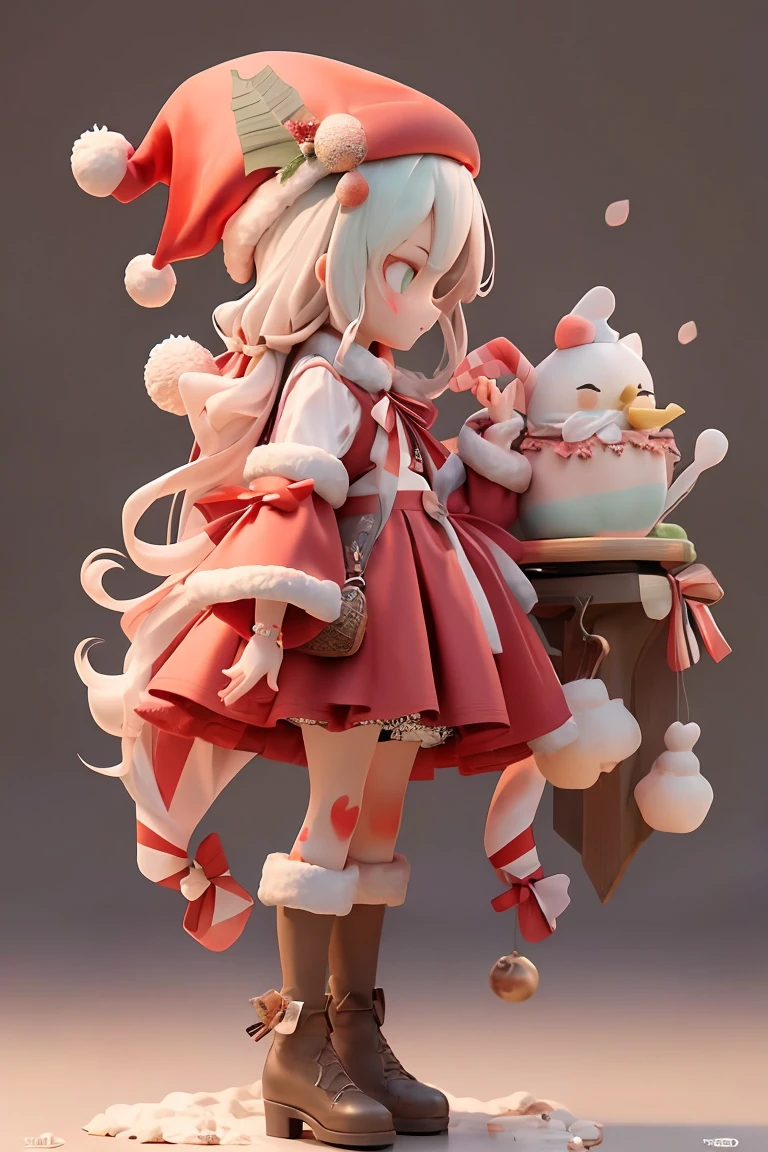 (Full body stand painting), single,1 girl,CG,10,10,Wash and clean the background.,Micro close-up,01 Wah Wah,master-piece, bestquality, illustration, Beautiful Detailed Girl, Beautiful Detailed Glow, profile girl,red christmas hat,Christmas,candy,apple,present, beautiful detail eyes, Long bang, hairs between eyes, red and green dress, ribbons, Neck tie, midriff, Large forehead, Blank stare., floral, large upper arm