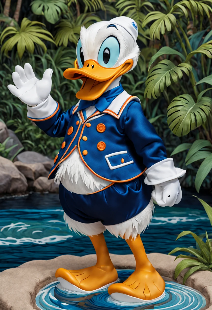 A beautiful embroidery of Donald Duck on silk, with intricate details and vibrant colors, capturing his delightful personality. The embroidery is so lifelike that it seems as if Donald Duck has come to life on the silk canvas. The silk fabric itself is of the highest quality, with a smooth and glossy texture that enhances the overall visual appeal. The embroidery is done with utmost precision, ensuring that every stitch is perfectly placed, resulting in an artwork that is both visually pleasing and meticulously crafted. The colors used in the embroidery are vivid and vibrant, bringing Donald Duck to life in a burst of hues. His iconic blue sailor suit stands out with its rich shades of blue, while his feathery white body and orange bill add warmth and depth to the artwork.