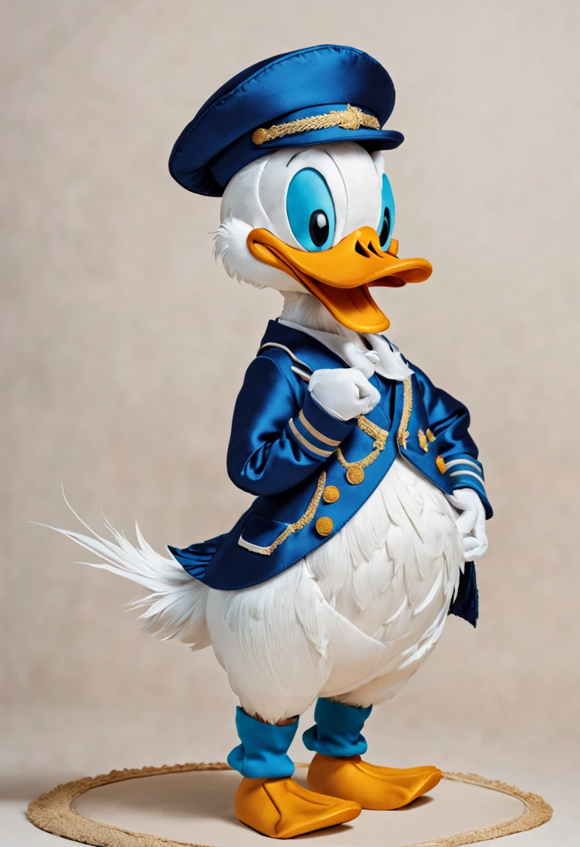 A beautiful embroidery of Donald Duck on silk, with intricate details and vibrant colors, capturing his delightful personality. The embroidery is so lifelike that it seems as if Donald Duck has come to life on the silk canvas. The silk fabric itself is of the highest quality, with a smooth and glossy texture that enhances the overall visual appeal. The embroidery is done with utmost precision, ensuring that every stitch is perfectly placed, resulting in an artwork that is both visually pleasing and meticulously crafted. The colors used in the embroidery are vivid and vibrant, bringing Donald Duck to life in a burst of hues. His iconic blue sailor suit stands out with its rich shades of blue, while his feathery white body and orange bill add warmth and depth to the artwork.