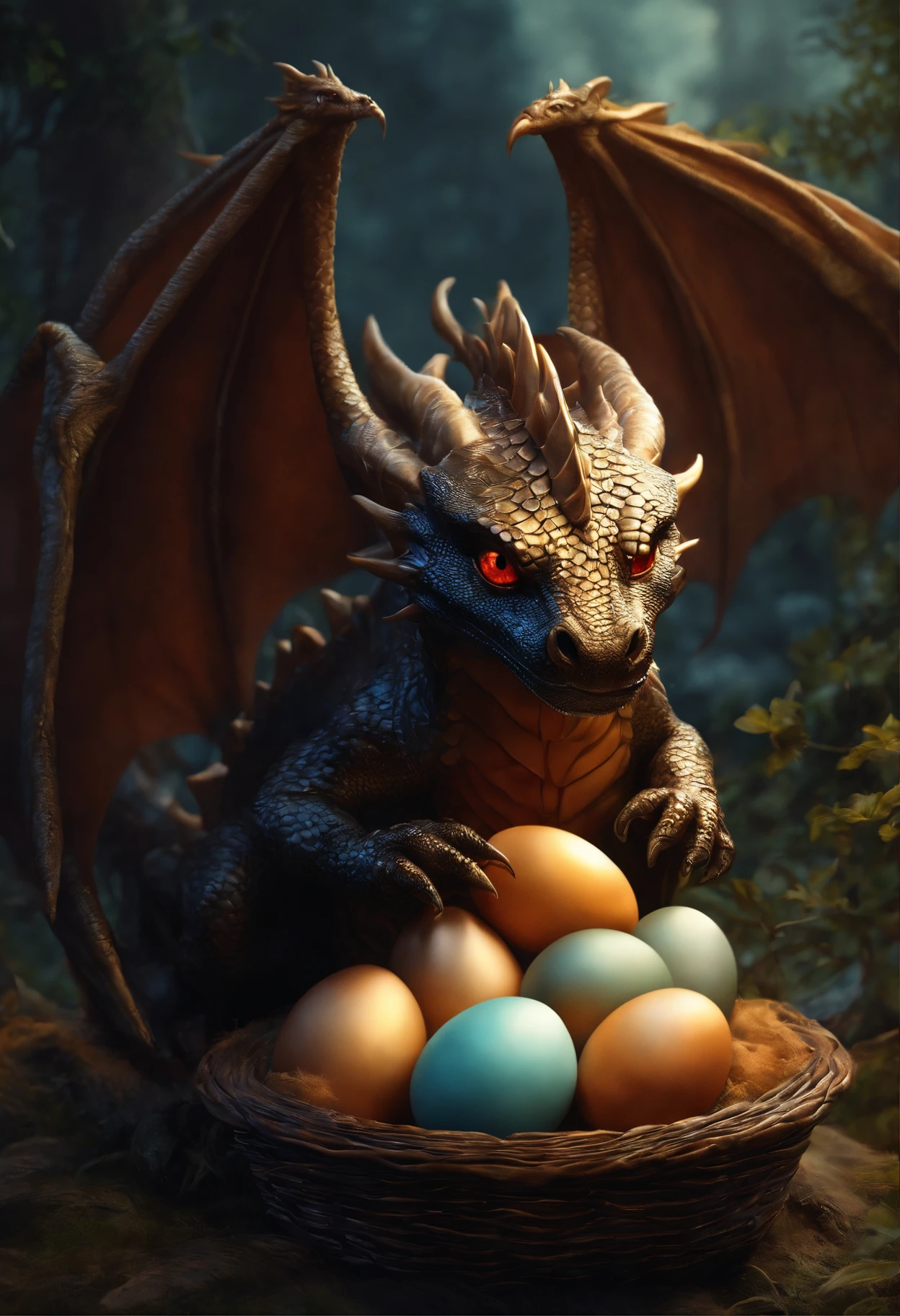 There is a dragon, holding a basket of eggs., A Newly Hatched Dragon, realistic fantasy illustration, Dragon eggs, Cute little snow dragon, by Adam Marczyński, Author: Kerembeyit, hyperrealistic fantasy art, adorable digital painting, Portrait of a Dragon, baby dragon portrait, Laszlo Balog, realistic fantasy painting, dragon art