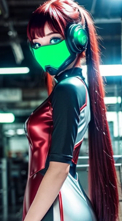 A half body、poneyTail、Young redhead、cyberpunked、mechanical suit、Green eyes