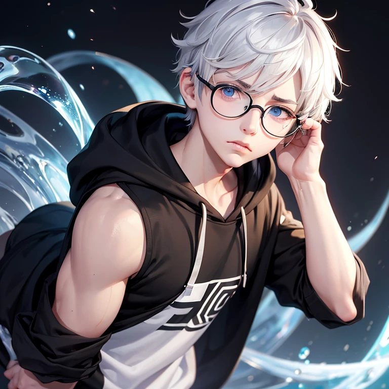 cute, Caucasian, transman, very short hair, black hair, round glasses, black hoodie, pouty small lips, button nose, blue eyes, round chin