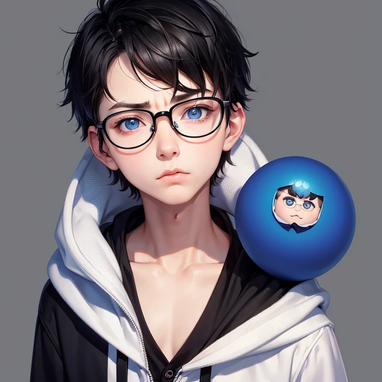 cute, Caucasian, transman, very short hair, black hair, round glasses, black hoodie, pouty small lips, button nose, blue eyes, round chin