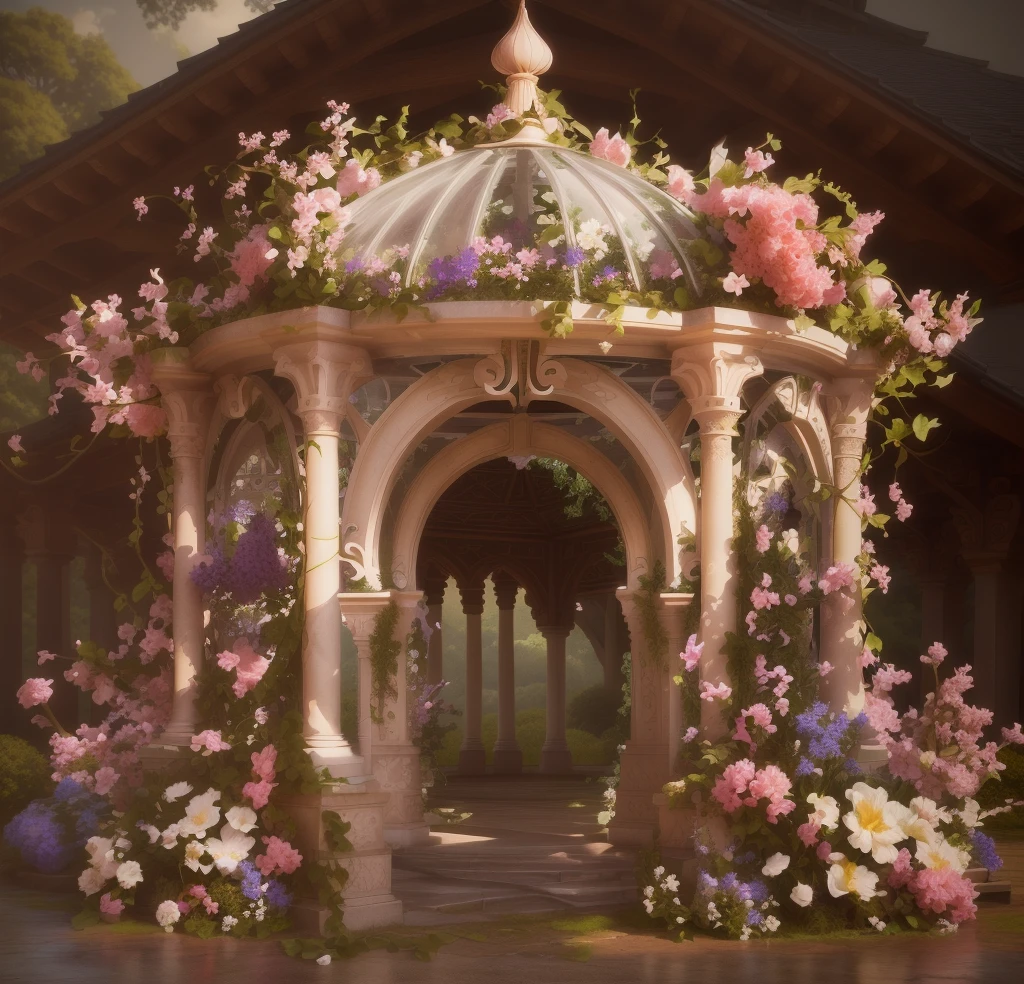 There is a gazebo,It's covered with flowers and vines, royal garden background, beautiful render of a fairytale, , beautiful high resolution, Garden background, dreamy and detailed, Detailed scenery – width 672, background artwork, high detal), well rendered, floral environment, pillars, Beautiful images, realistic garden, enchantedgarden, gazebo, arbor