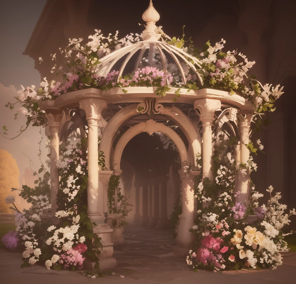 There is a gazebo，It&#39;s covered with flowers and vines, royal garden background, beautiful render of a fairytale, , beautiful high resolution, Garden background, dreamy and detailed, Detailed scenery – width 672, background artwork, high detal), well rendered, floral environment, pillars, Beautiful images, realistic garden, enchantedgarden, gazebo, arbor