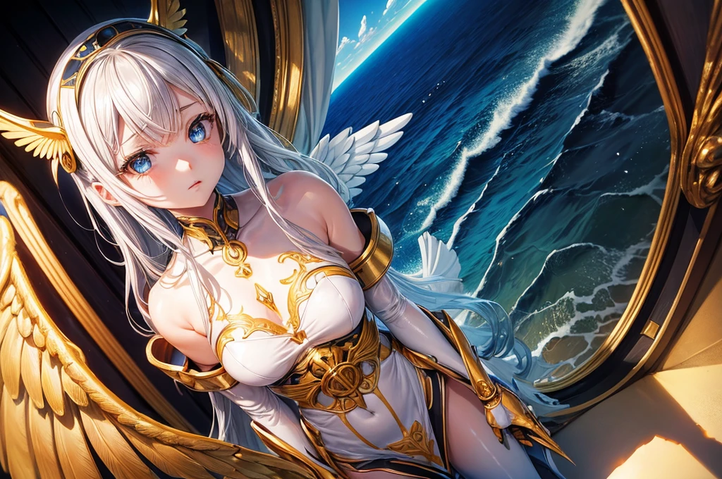 ((Raw photo)), ((masutepiece)), Girl in anthropomorphic humanoid angel nun armor, intricate detailes, futobot, Complex Griebles works, The Sea Behind, Yellow wings, Beautiful, Detailed eyes and lips