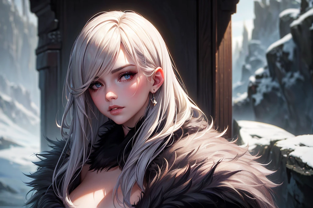 chrrblssm (Sharp Focus:1.2), Photo, attractive young woman, (Beautiful face:1.1), Detailed eyes, luscious lips, (smokey eye makeup:0.85), Wearing (Fur coat:1.2) Inserting a into the (cliffside:1.2). (Moody lighting:1.2), depth of fields, Bokeh, 4K, nffsw. in door (by James C. Christensen:1.2|Jeremy Lipking:1.1).