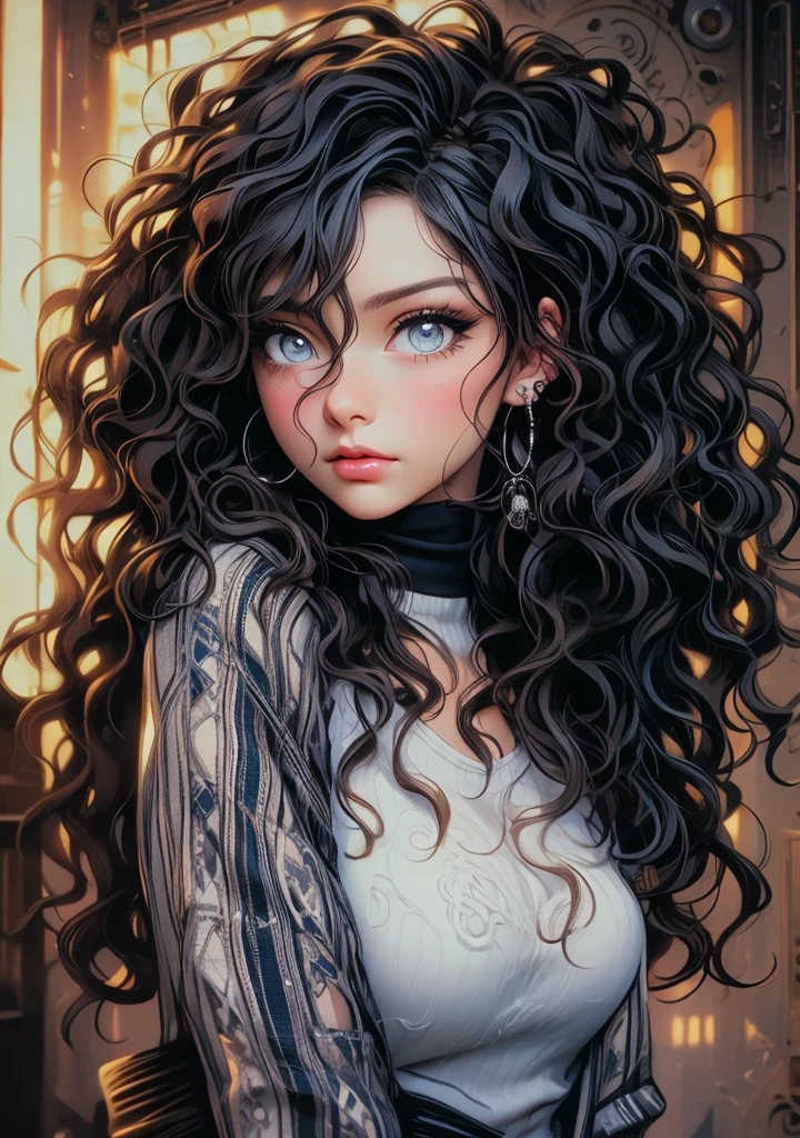 a black and white photo of a woman with long curly hair, beautiful drawing style, realistic anime art style, with haunted eyes and curly hair, beautiful digital illustration, detailed digital anime art, great digital art with details, curly haired, beautiful anime portrait, long curly hair intricate, curly dark hair, cute detailed digital art, beautiful anime art style, curls hair