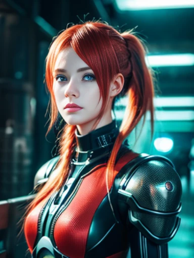 A half body、poneyTail、Young redhead、cyberpunked、mechanical suit、Green eyes