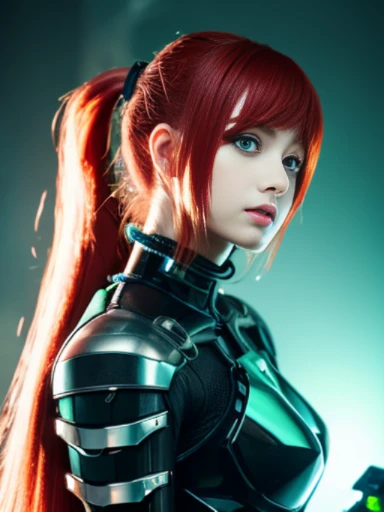 A half body、poneyTail、Young redhead、cyberpunked、mechanical suit、Green eyes