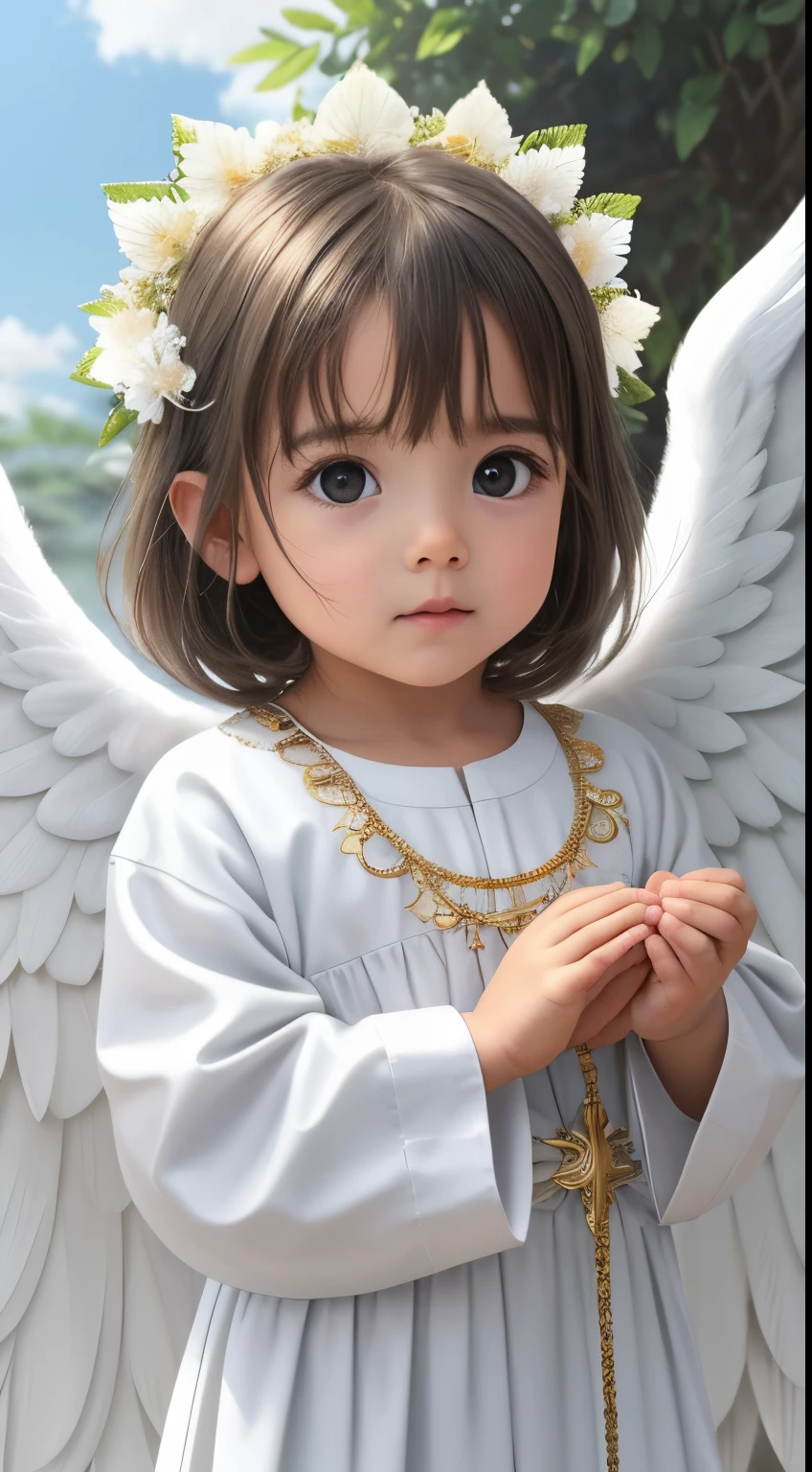 Create a scene of a 1 , com cabelos brancos ondulados, Cabelo branco. rosto bonito e perfeito, cabelo loiro ondulado. realistic and with angelic wings for prayer videos.  The child must be ing, with a calm expression, dressed in angel clothes and looking directly at the camera with open eyes. As asas do anjo devem ser delicadas e brancas, fixed on the child.  Baby in a psiacal eonment, com uma suave luz dourada ao seu redor, evocando uma atmosfera de paz e espiritualidade.  This image will be used as a visual representation in prayer videos, creating a sense of serenity, Hope and divine protection.  Concentre-se em capturar detalhes realistas, Por favor, Look up at the camera. foco frontal, staring directly at camera. 8k, Ultra realista