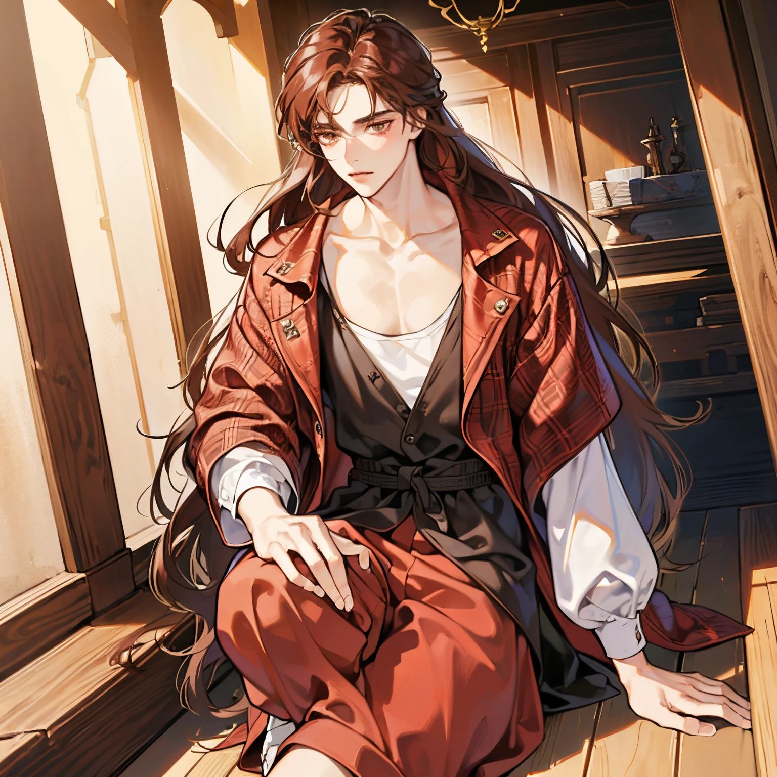 (absurdres, highres, ultra detailed) A tall young male with long hair, reddish-brown hair, brown finely eyes, and light fair skin, blush on face, fit build, casual clothes, full body poses