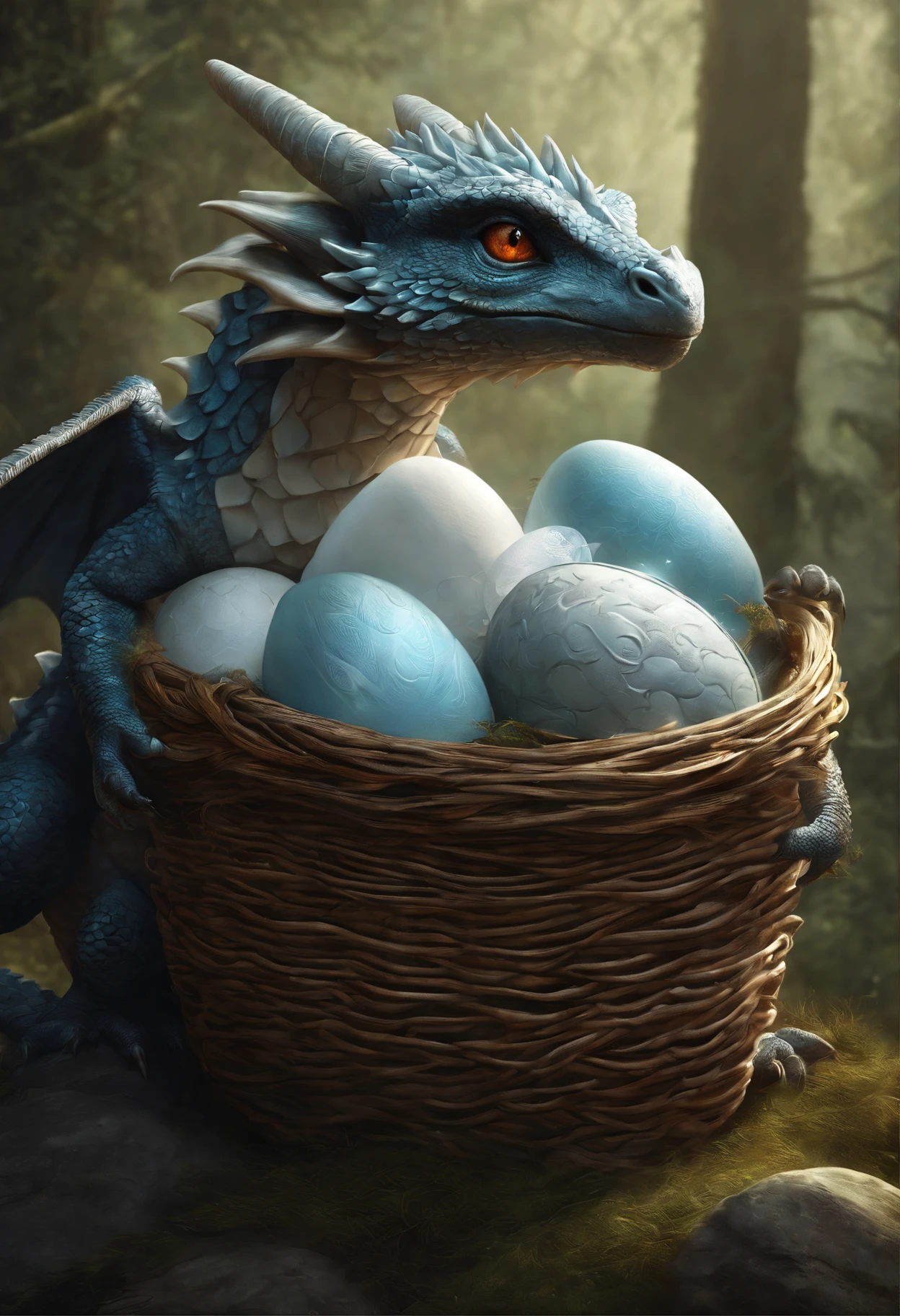 There is an adult dragon, holding a basket of ostrich eggs., A Newly Hatched Dragon, realistic fantasy illustration, Dragon eggs, Cute little snow dragon, by Adam Marczyński, Author: Kerembeyit, hyperrealistic fantasy art, adorable digital painting, Portrait of a Dragon, baby dragon portrait, Laszlo Balog, realistic fantasy painting, dragon art