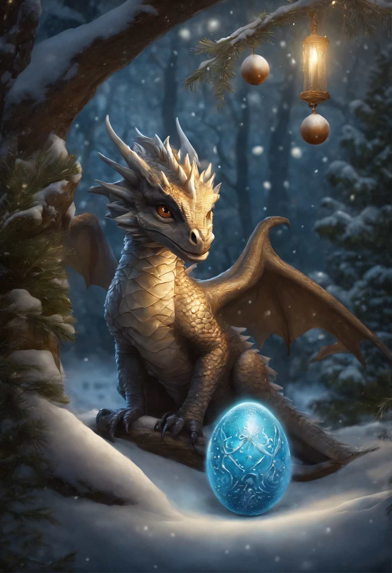There is a dragon, holding a basket of ostrich eggs., A Newly Hatched Dragon, dragon in the winter forest near the Christmas tree hung with crystal luminous balls, realistic fantasy illustration, Dragon eggs, Cute little snow dragon, by Adam Marczyński, Author: Kerembeyit, hyperrealistic fantasy art, adorable digital painting, Portrait of a Dragon, baby dragon portrait, Laszlo Balog, realistic fantasy painting, dragon art
