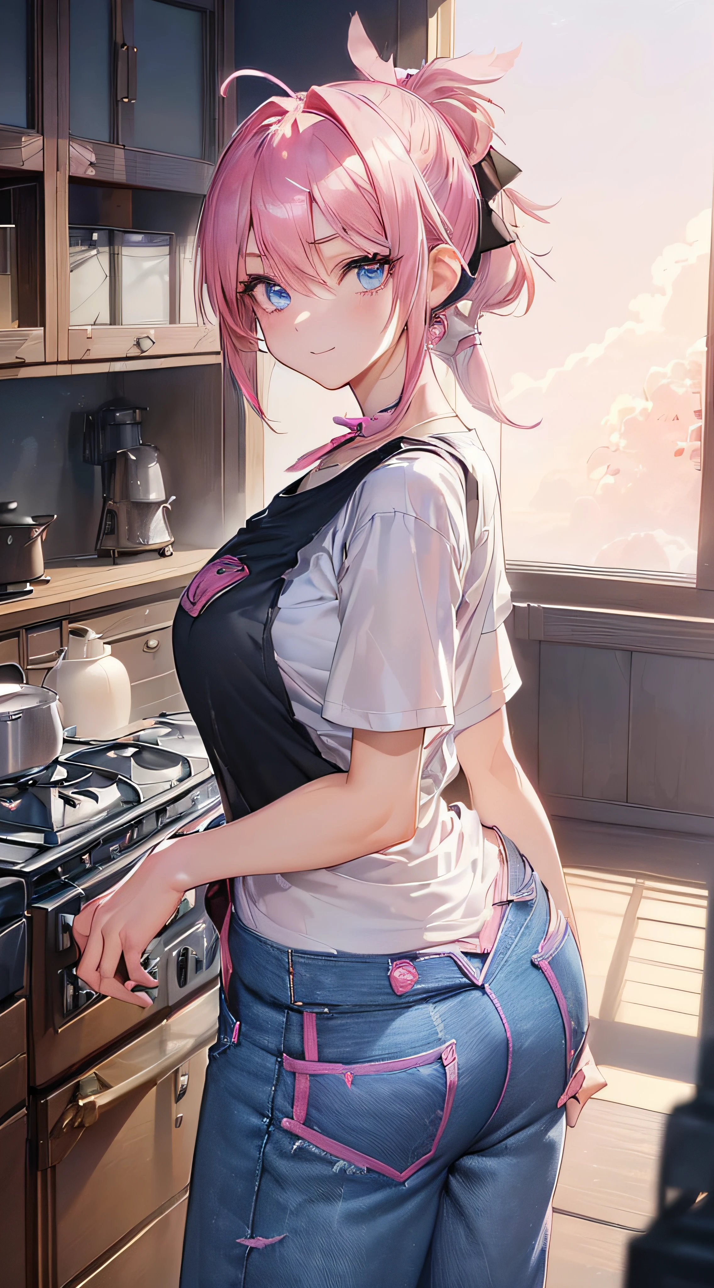 ((Ultra-detailed)), (top-quality),((masutepiece)), ((Super exciting)), ((in 8K)), ((1080p)), ((extremely clear)), ((Very sophisticated)), ((Anime Graphics)), ((Anime quality)), ((Anime Illustration)), ((Upper lighting)), ((depth of fields)), ((Glowing skin)), ((gleaming)), ((shiny-glistening)), ((。.3D)), ((Upper body)), ((Perfect Anatomy)), (((Solo)), ((a japanese girl))), ((a baby face)), (((Pink hair)), ((Short ponytail:1.5)), (Large Hair Ribbon:1.5), ((Ahoge))), (((Blue eyes)),((drooping eyes)), (Clean eyes)), ((anime quality eyes)), ((long eyelashes)), ((Thin eyebrows)), ((Beautiful breasts))), (Realistic skin texture), (Detailed clothing description), ((Detailed face description)), (((Apron)), (T-shirt:1.5), (Jeans pants:1.5)), (Standing), ((Gas stove:1.5)), (Smile), (Back shot),