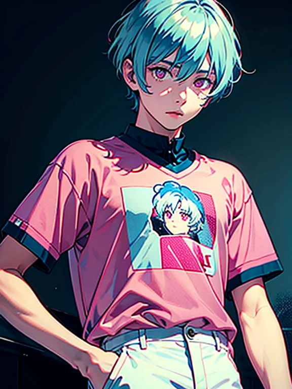 (best quality, masterpiece), portrait, 1 boy, solo, (light blue hair, short), ( pink eyes, sharp look), pink large shirt, white pants,