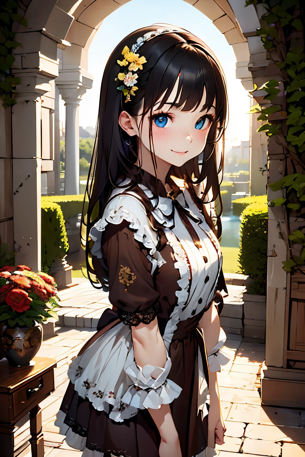 Very cute and beautiful girl,(very detailed beautiful face and eyes:1.2),
Smile,Black hair,stylish pose,Beautiful legs,Cowboy Shot,
Brown floral ****ta dress with detailed ruffles,
Palace Gate,shrubbery,Small flowers,The highest quality wood from afar,masutepiece:1.2),Intricate details,Extremely detailed,hight resolution,1 girl,Solo,Cinematic lighting,(Realistic),