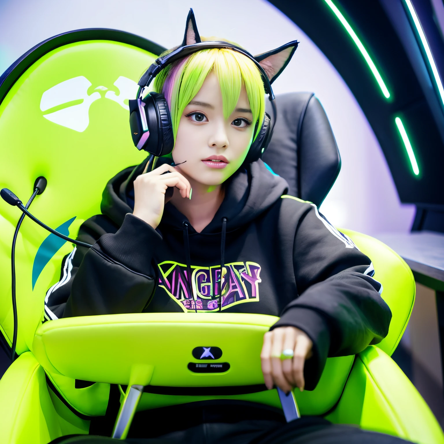 A beautiful girl with yellow-green hair wearing angel hoops and cat-ear headphones is sitting on a gaming chair wearing a black hoodie.