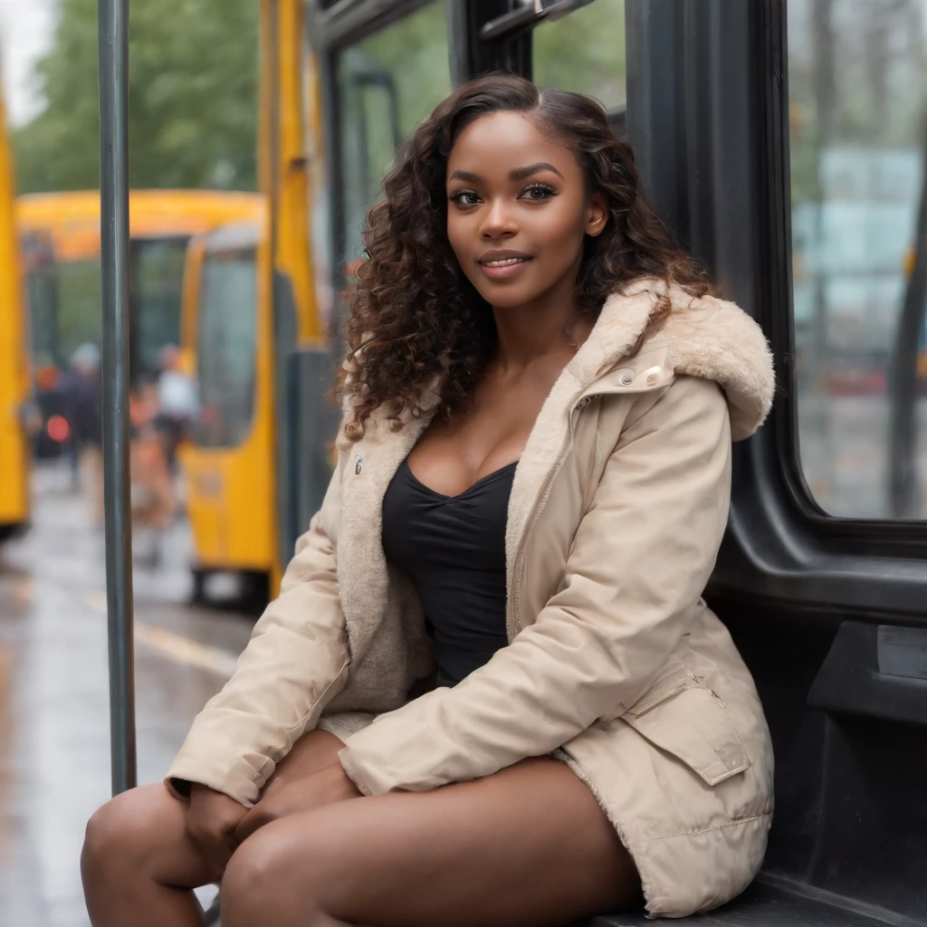 ((Dark African skin, Very deep ebony skin)), ((Its beauty undeniable)), ((Excited cute face)), ((Hyper detailed perfect eyes,)), ((pose mignonne)), ((Langue sortie)), ((Seductive )), sexy, ((beige warm winterjacket, jeans, public transport, sitting in the bus)), ((Afro ponytail with long African curly hair,)), (( peau)), ((debout, vue de face)), ((toucher ses propres jambes dans une pose sexy)), ((The Hague, public transport, raining, sitting in the bus, morning , Ville publique, people in the background)), Sharp Focus CGI, photoreallistic, High detail, Realstic, Masterpiece, absurdes, Best quality, Hdr, High quality, high-definition, Extremely detailed, 8k wallpaper, Intricate details, 8K UHD, Full-HD, (photo realist:1.2), contraste, intense illumination, lighting cinematic, natural lighting, veilleuse, Nuit, Illumination globale, Laughing out loud, a la piscine African women、Female sexy, the hague