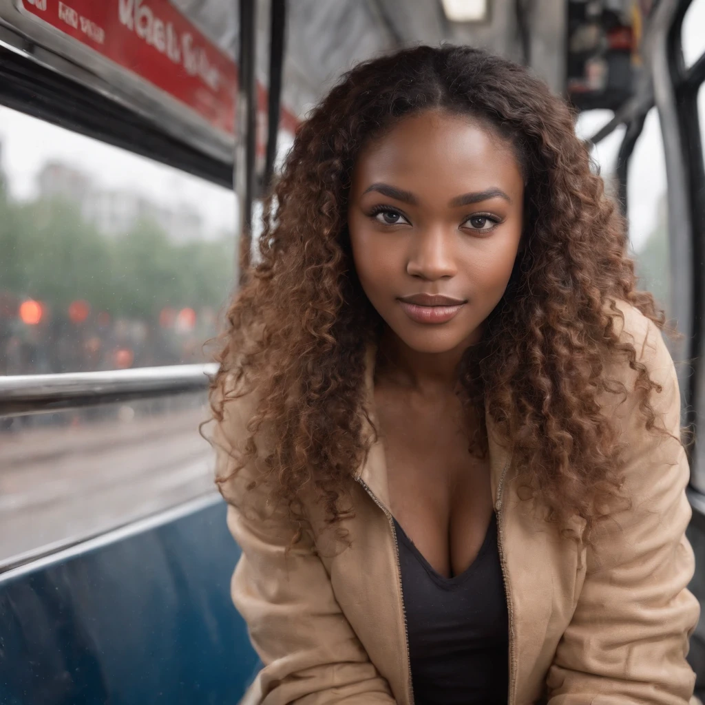 ((Dark African skin, Very deep ebony skin)), ((Its beauty undeniable)), ((Excited cute face)), ((Hyper detailed perfect eyes,)), ((pose mignonne)), ((Langue sortie)), ((Seductive )), sexy, ((beige warm winterjacket, jeans, public transport, sitting in the bus)), ((Afro ponytail with long African curly hair,)), (( peau)), ((debout, vue de face)), ((toucher ses propres jambes dans une pose sexy)), ((The Hague, public transport, raining, sitting in the bus, morning , Ville publique, people in the background)), Sharp Focus CGI, photoreallistic, High detail, Realstic, Masterpiece, absurdes, Best quality, Hdr, High quality, high-definition, Extremely detailed, 8k wallpaper, Intricate details, 8K UHD, Full-HD, (photo realist:1.2), contraste, intense illumination, lighting cinematic, natural lighting, veilleuse, Nuit, Illumination globale, Laughing out loud, a la piscine African women、Female sexy, the hague