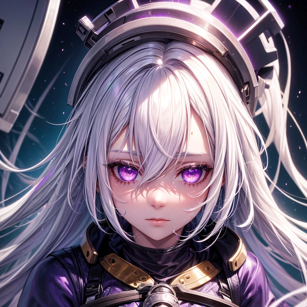 1girl in, White hair, multicolored hair, Purple eyes, mask on head, side lights, light Particle, Wallpaper, Armap, Sweating