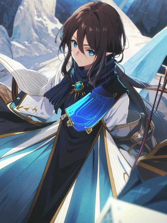 Best quality, (wide wide shot), 8K, Surreal, tmasterpiece, Male dark elf, brunette color hair, eBlue eyes, white  shirt, blue sweater, Black scarf, sima bay, Part your hair in the middle, china idol, Straight and loose hair