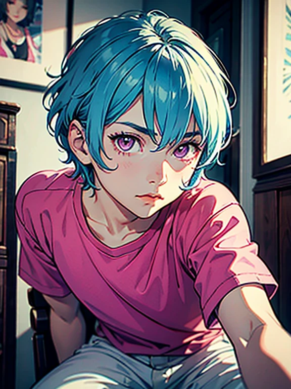 (best quality, masterpiece), portrait, 1 boy, solo, (light blue hair, short), ( pink eyes, sharp look), pink large shirt, white pants,