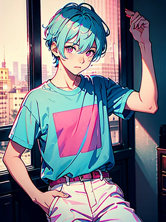 (best quality, masterpiece), portrait, 1 boy, solo, (light blue hair, short), ( pink eyes, sharp look), pink large shirt, white pants,