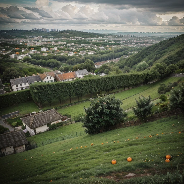 Green place and steep rainy sky with a city far away with just houses in the background and green trees with tangerines to pick