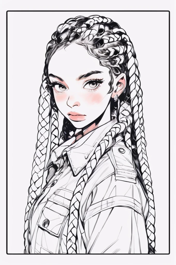 a drawing of a girl with braids and a jacket, beautiful line art, detailed manga style, perfect lineart, girl with plaits, line art illustration, line art portrait, black and white manga style, manga art style, thick line art, illustration line art style, bold lineart, black and white line art, striking manga artstyle