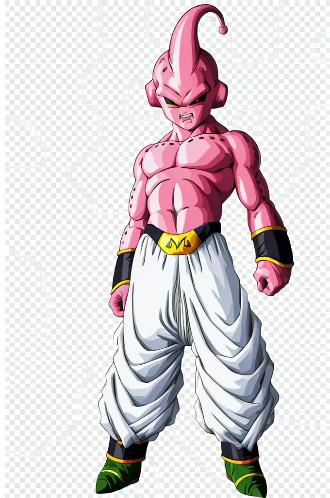 (toriyama akira), mj-kb, Majin Buu, Kid Buu, 1guy, male, black sclera, red pupil, pink skin, angry, standing, arms down, no shirt, white pants, harem pants, m on belt, abs, clear face, detailed eyes, clean hands, anatomical, dragon ball, (dragon ball z), full body, hero, villain, high definition, looking at viewer, official art, serious expression, (((blank background))), solo, (((one person))), solid background, full body character, transparent background, anime,