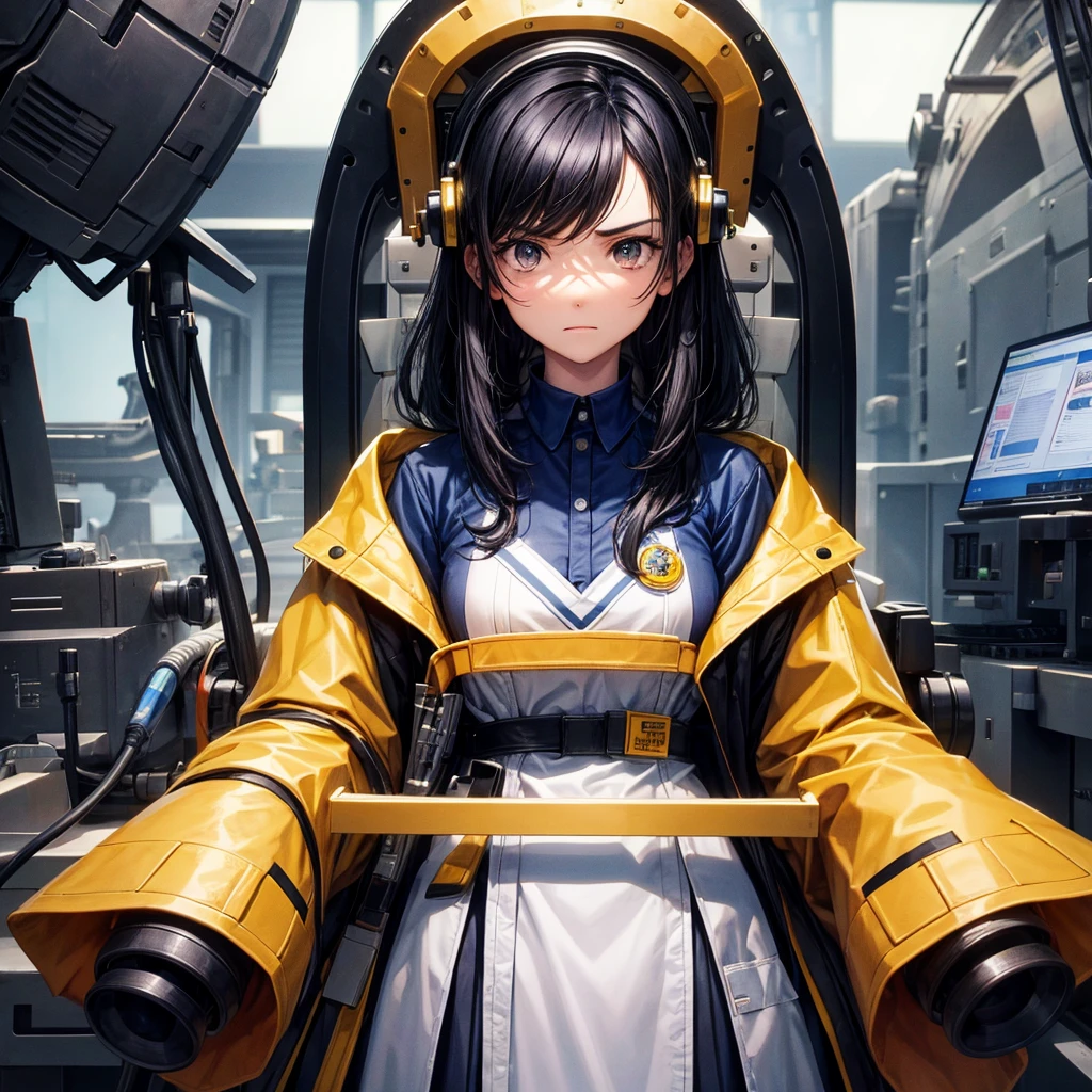 Technician dressed as a young woman with black hair with a serious expression, The background is a large science observatory with a large screen and a lot of staff.