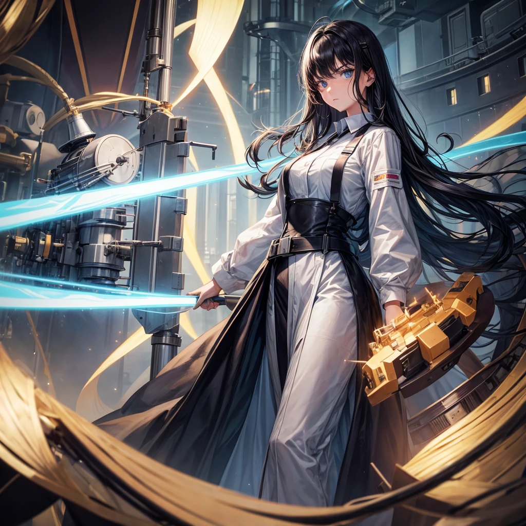 Technician dressed as a young woman with black hair with a serious expression, The background is a large science observatory with a large screen and a lot of staff.