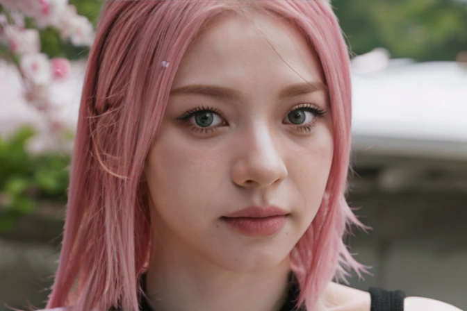 High Resolution Photo Girl Sakura Haruno, Pink Hair, Realistic, Ultra Detail, 75mm Lens,