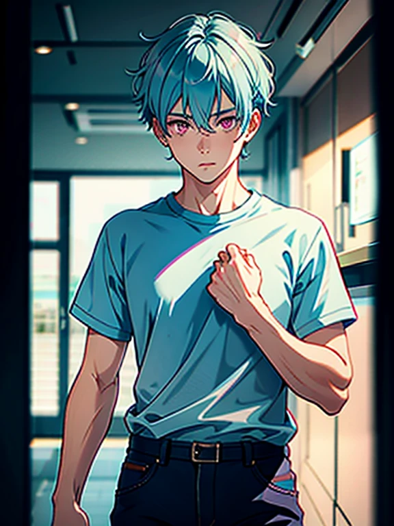 (best quality, masterpiece), portrait, 1 boy, solo, (light blue hair, short), ( pink eyes, sharp look), large shirt, skinny pants,