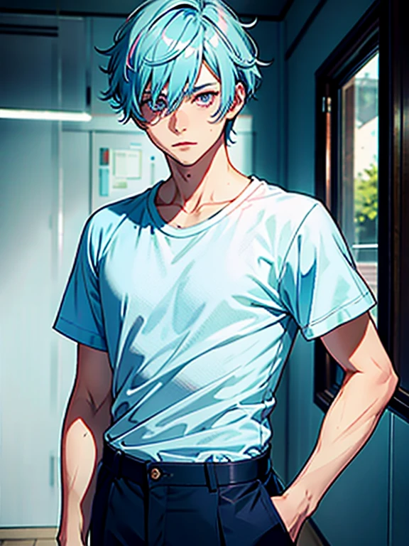(best quality, masterpiece), portrait, 1 boy, solo, (light blue hair, short), ( pink eyes, sharp look), large shirt, skinny pants,