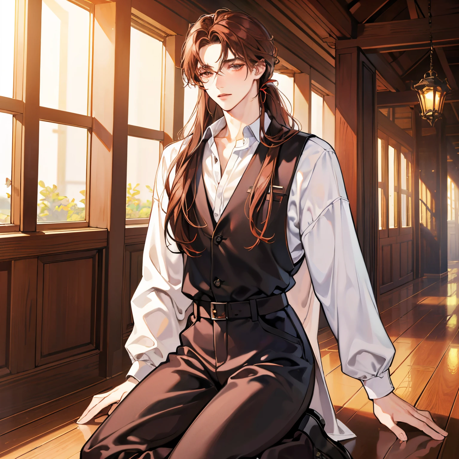 (absurdres, highres, ultra detailed) A tall young male with long hair, reddish-brown hair, brown finely eyes, and light fair skin, blush on face, fit build, casual clothes, full body poses